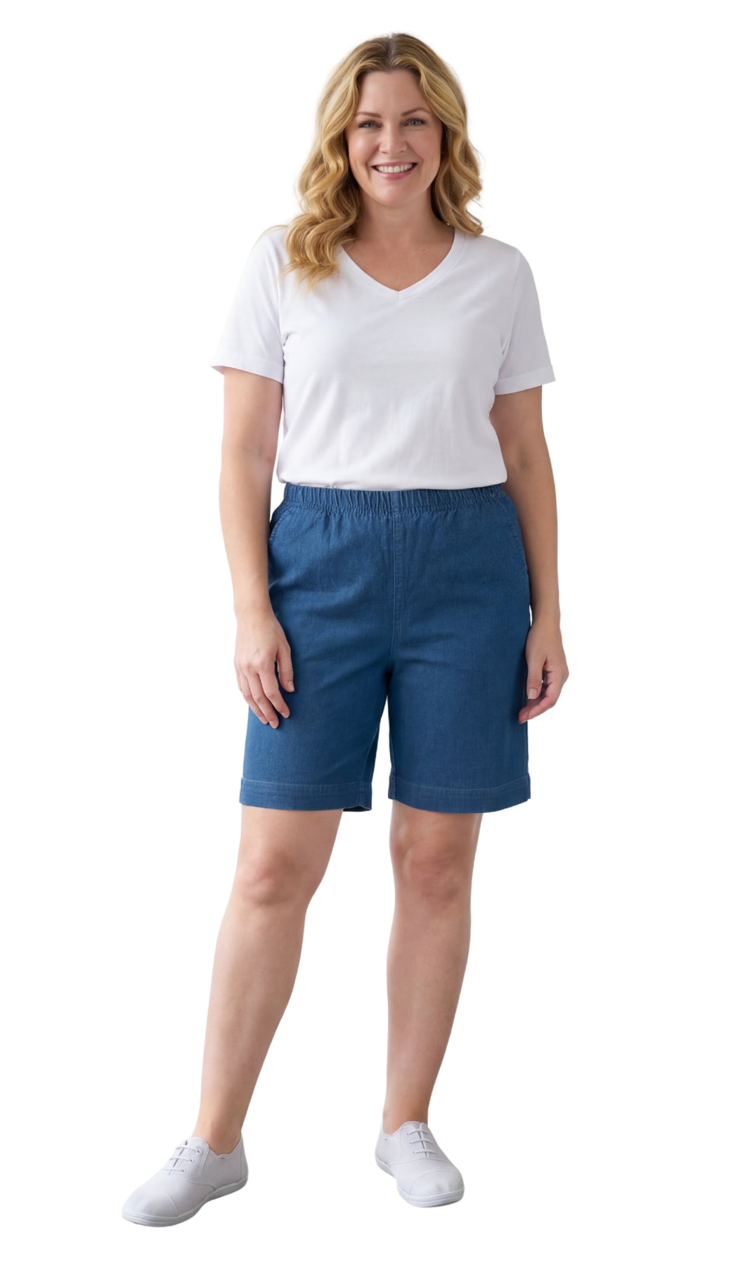 Women's stretch waist denim and twill shorts by Turtle Bay Apparel, front view showing pull-on design and casual fit.