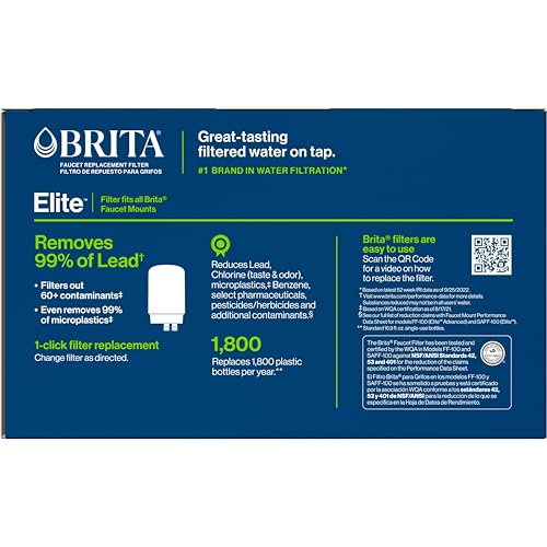 Brita Faucet Mount Water Filter for Sink, Removes 99% of Lead, Elite Filtration System, Includes 1 Replacement Filter, Chrome