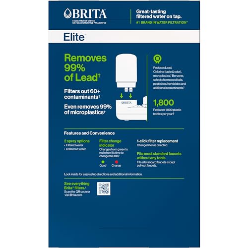 Brita Faucet Mount Water Filter for Sink, Removes 99% of Lead, Elite Filtration System, Includes 1 Replacement Filter, Chrome