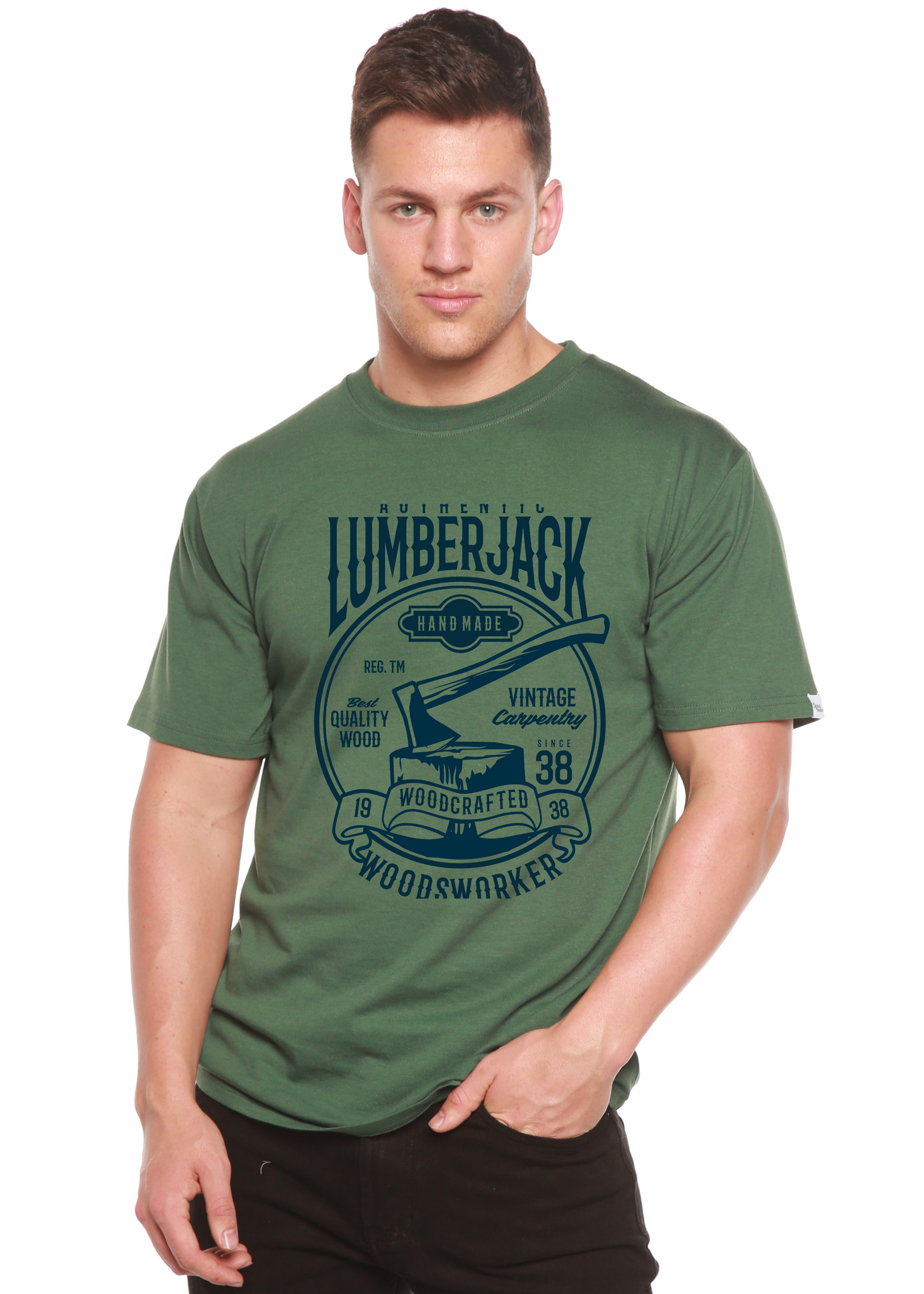 Men's printed graphic T-shirt by Spun Bamboo featuring authentic Lumberjack design in bamboo viscose and organic cotton fabric.