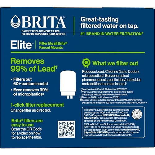 Brita Faucet Mount Water Filter for Sink, Removes 99% of Lead, Elite Filtration System, Includes 1 Replacement Filter, Chrome