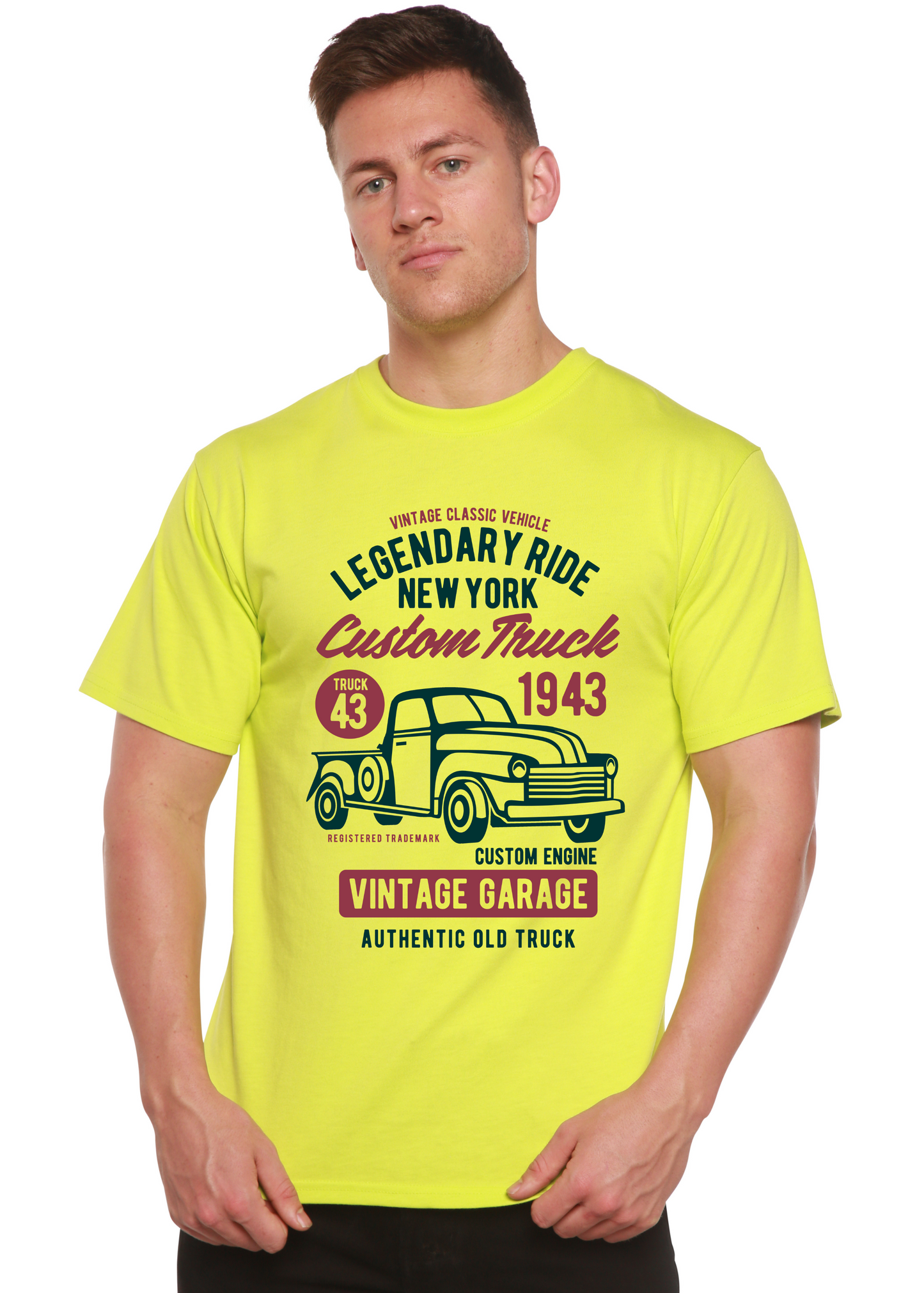 Spun Bamboo men's printed graphic T-shirt featuring a legendary ride custom truck design in bamboo viscose and organic cotton.