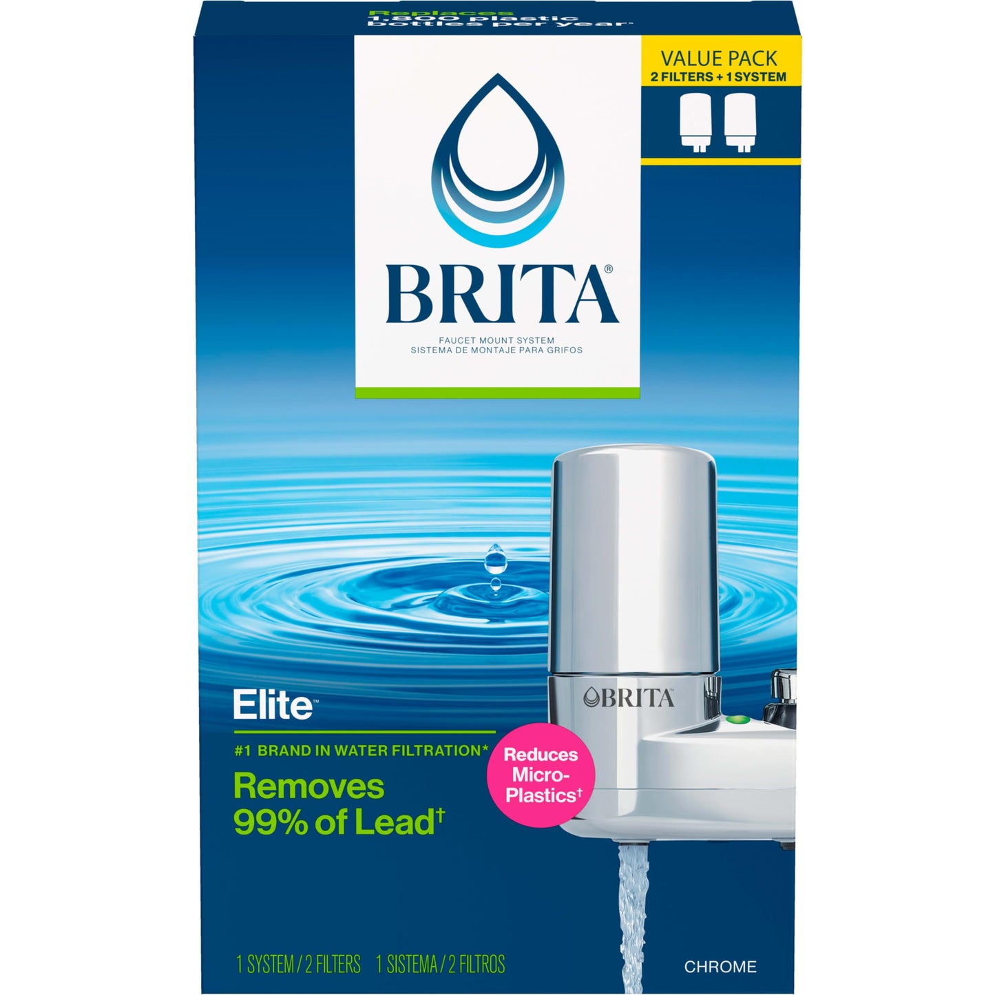 Brita Faucet Mount Water Filter for Sink, Removes 99% of Lead, Elite Filtration System, Includes 1 Replacement Filter, Chrome