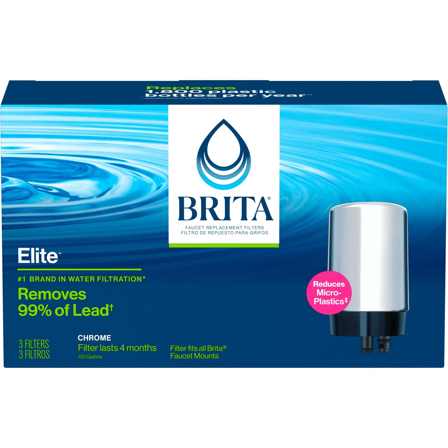 Brita Faucet Mount Water Filter for Sink, Removes 99% of Lead, Elite Filtration System, Includes 1 Replacement Filter, Chrome