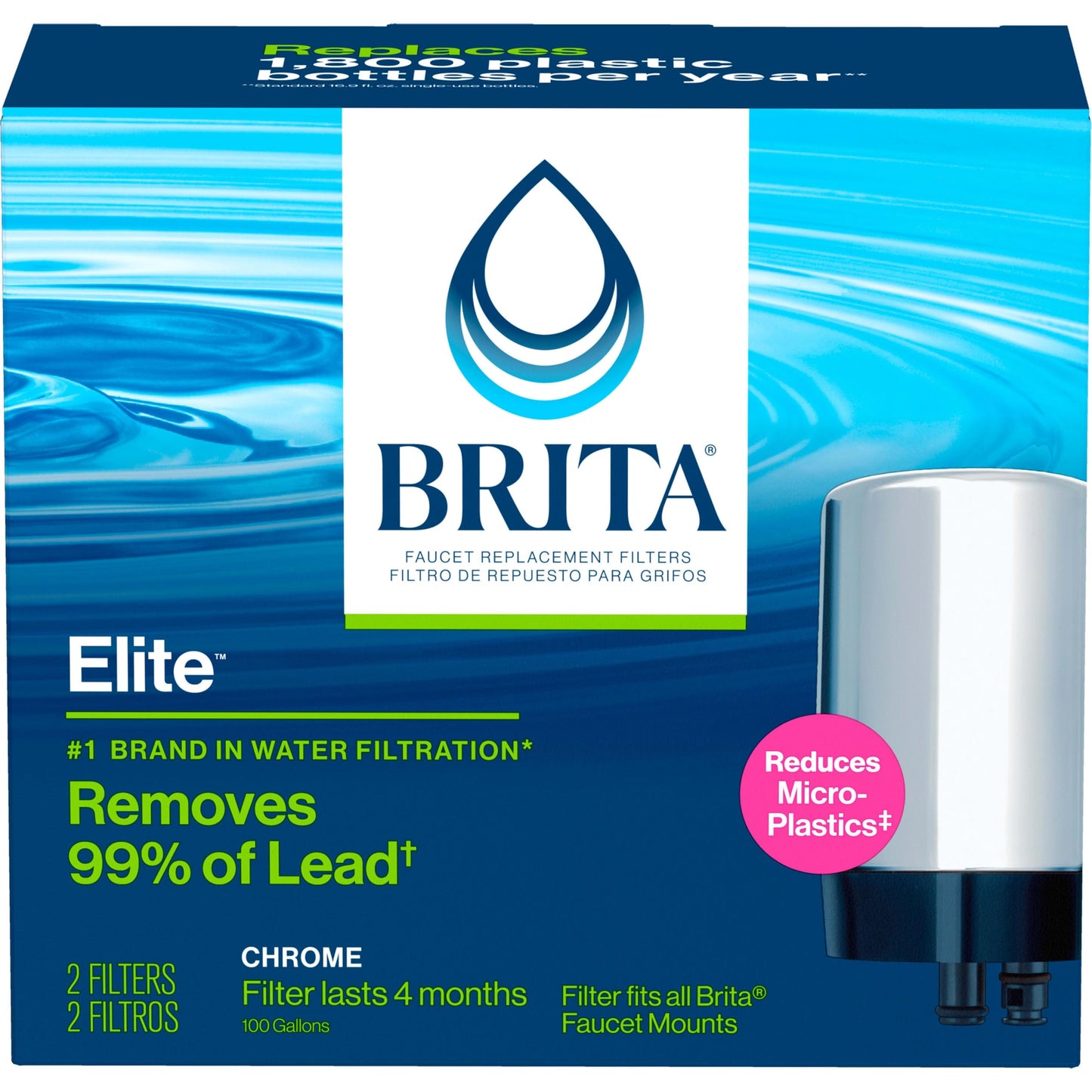 Brita Faucet Mount Water Filter for Sink, Removes 99% of Lead, Elite Filtration System, Includes 1 Replacement Filter, Chrome