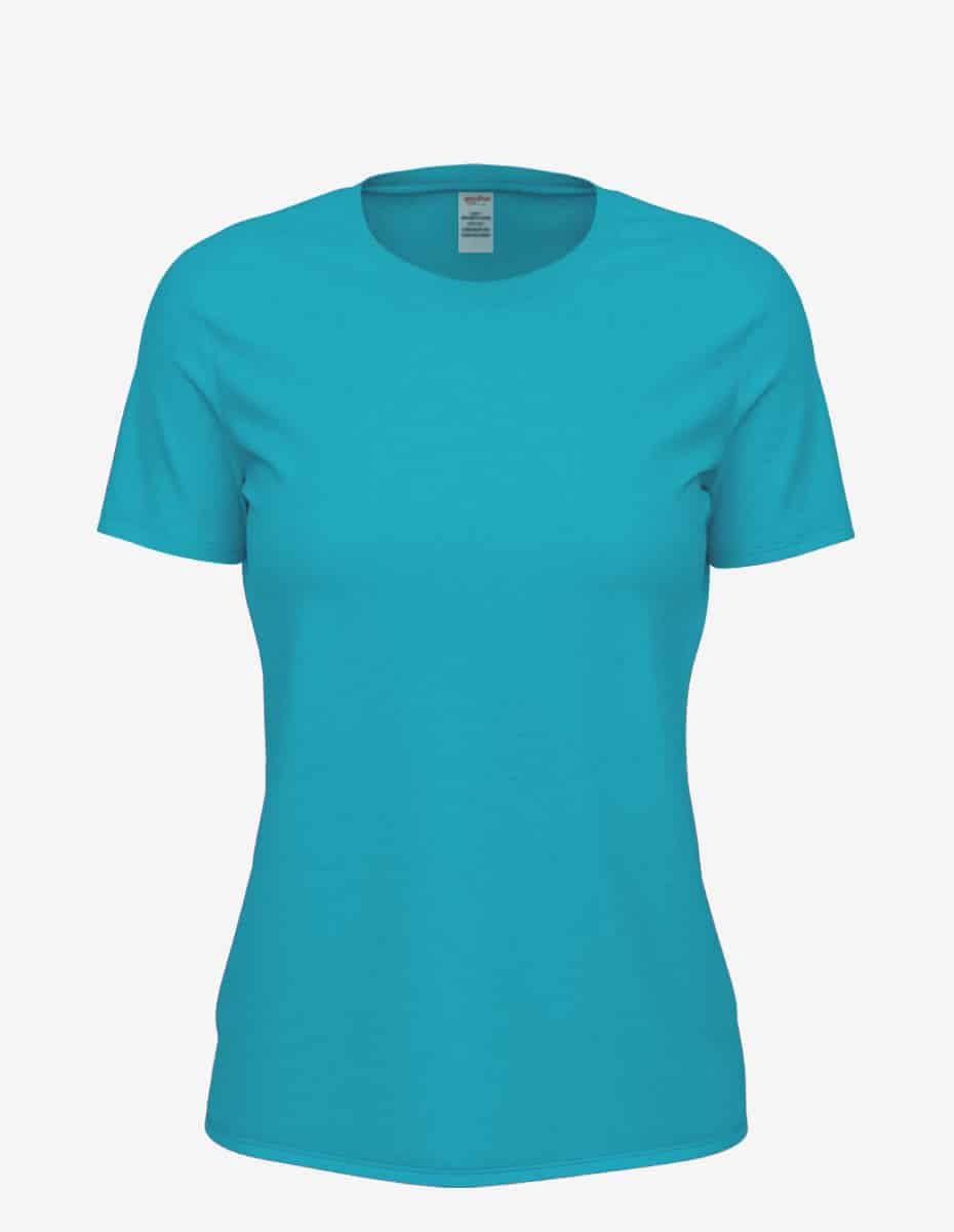 Women’s turquoise heather Club Crew T-Shirt by SpectraUSA, front view showing casual crew neck style and soft fabric texture.