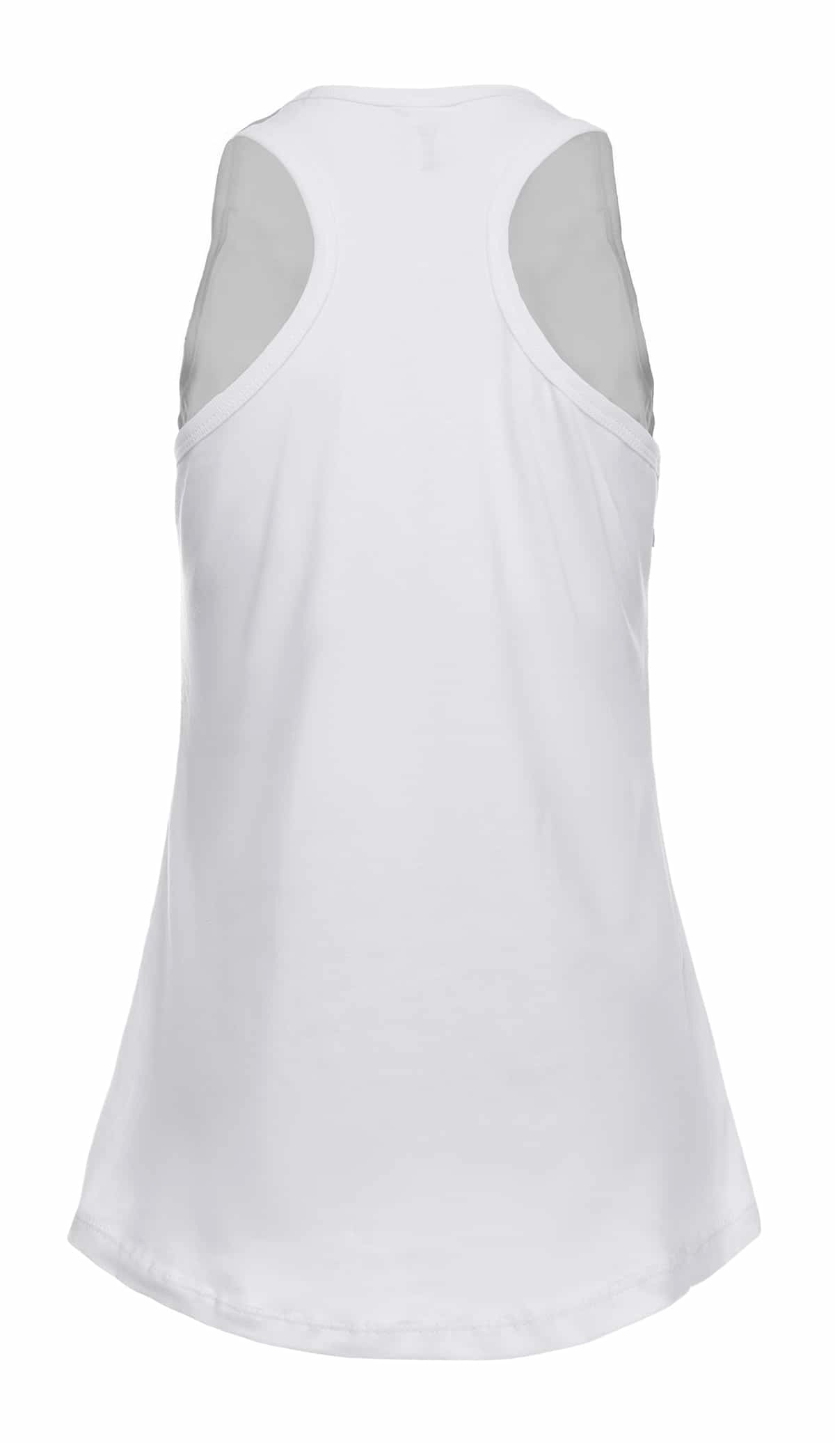 White women's racer back tank top from SpectraUSA, showcasing the back design and comfortable fit.