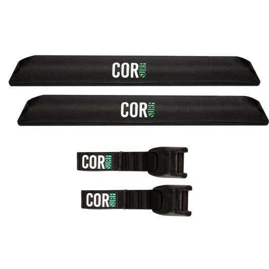 COR Surf Aero Roof Rack Pad with 10' scratch-resistant tie-downs for flat bars, designed for secure surfboard transport on roof racks.