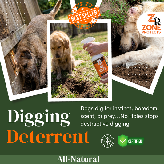 Zone Protects No Holes! Digging Dog Prevention twin spray bundle in natural packaging, designed for pet training and yard protection.