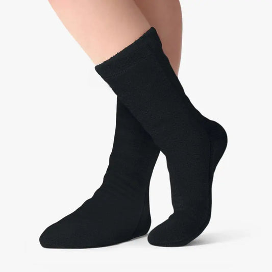 Black Polar Feet Supersoft fleece socks, cozy and warm, with a soft texture, designed for comfort and cold weather wear.