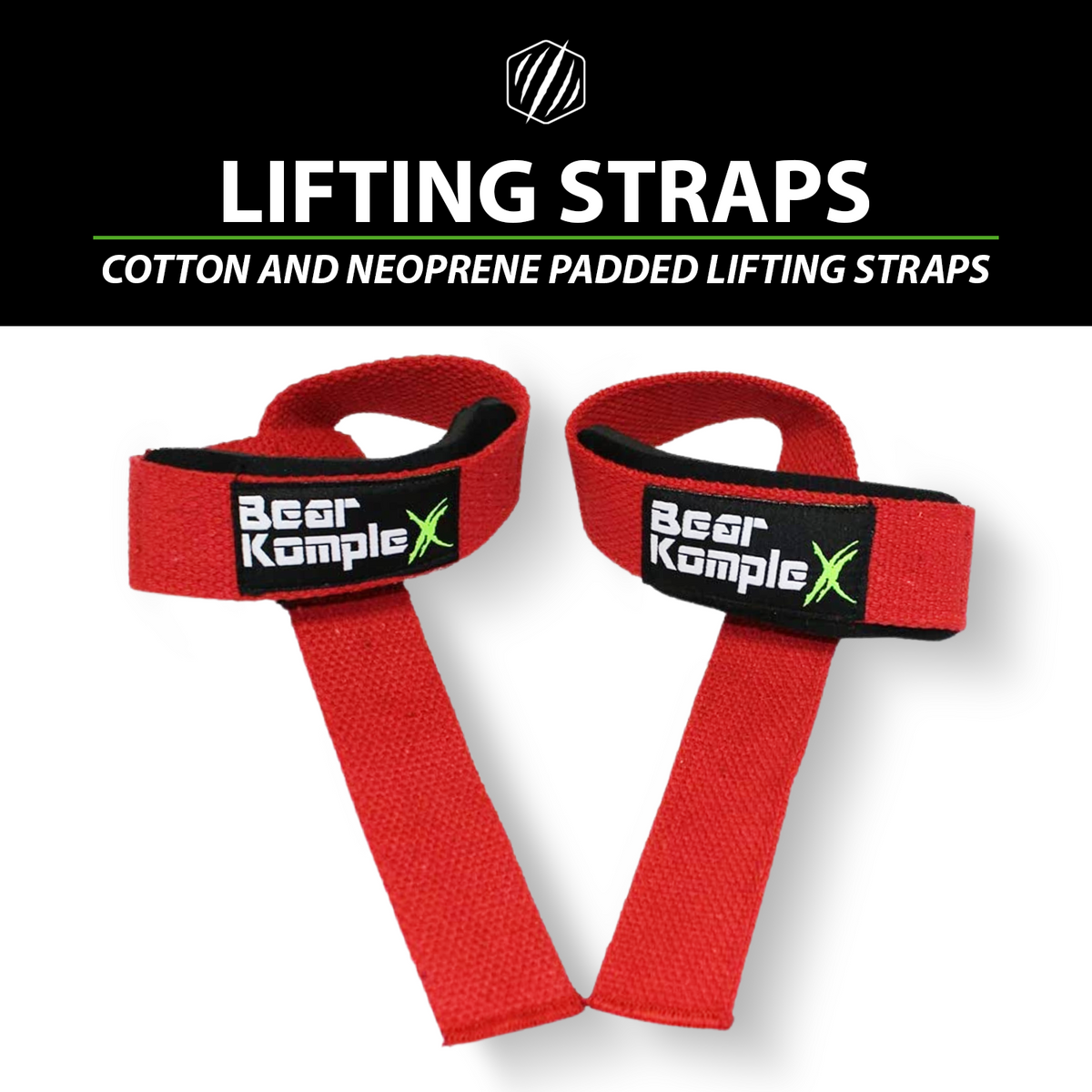 Pair of Bear KompleX lifting straps for weightlifting and strength training, shown with infographic details.
