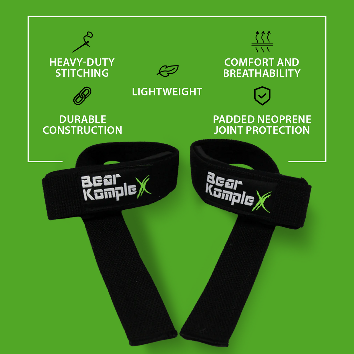 Pair of Bear KompleX lifting straps with padded handles and durable nylon material for secure grip during weightlifting.