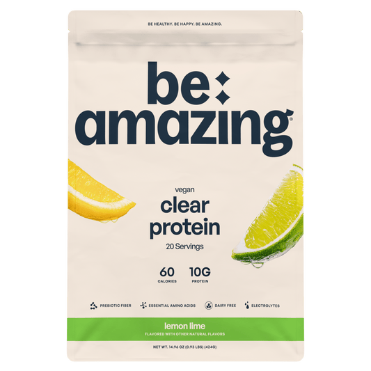 Be Amazing Clear Vegan Protein in Lemon Lime flavor, showing a transparent bottle with vibrant lemon and lime imagery.