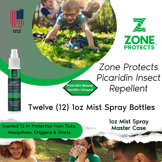 Zone Protects scented insect repellent 1oz master case with 12 bottles, designed for effective insect protection.