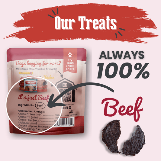 Farm To Pet Beef Chips Snack Pack for dogs, ideal for training and travel, featuring natural dog treats in a convenient pack.