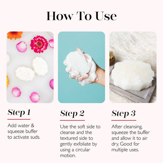 Spongellé Lily of the Valley pedi buffer with a fresh freesia scent, featuring textured surface for exfoliating feet.