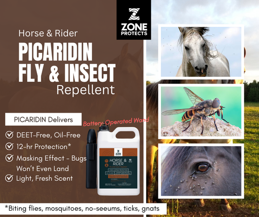 Zone Protects Horse & Rider Fly & Insect Repellent Spray gallon with trigger sprayer for effective insect protection.