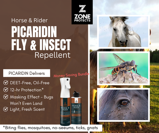 Zone Protects Horse and Rider insect repellent mistosol and refill combo, featuring bottles of fly and insect repellent for equine use.