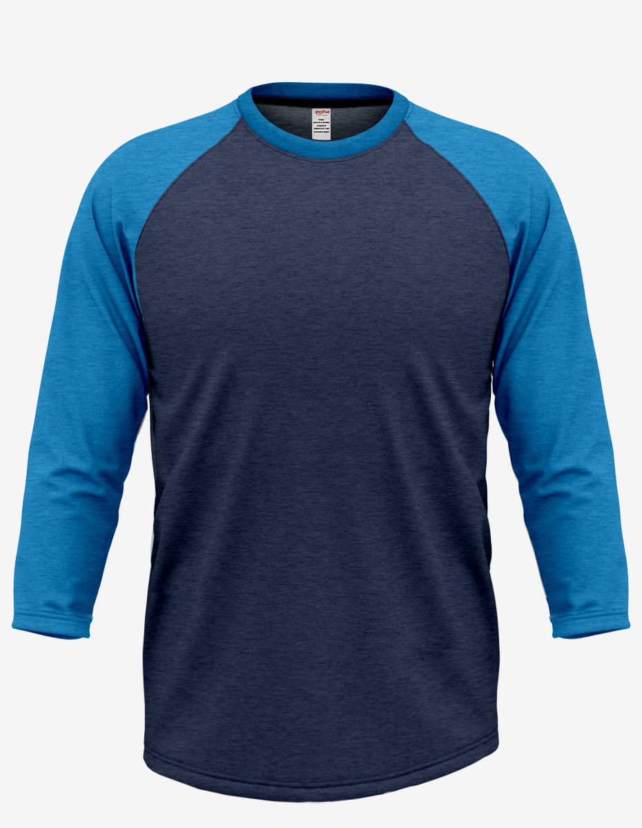 Navy and royal Heather men's Raglan RG3000 sweatshirt by SpectraUSA with contrasting sleeves and casual fit.