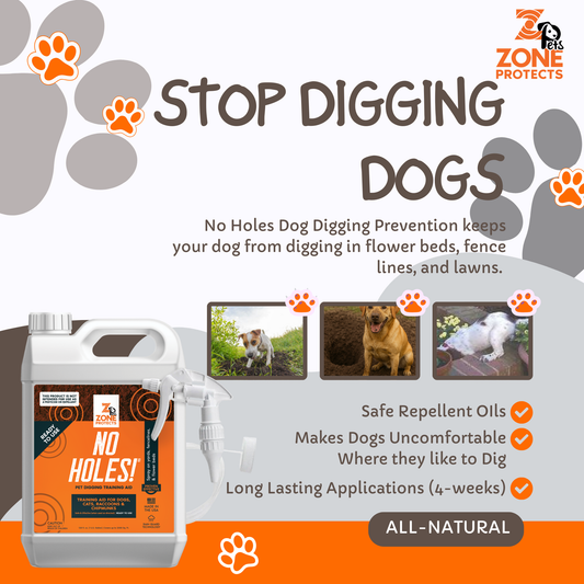 Zone Protects No Holes! Digging Prevention Gallon Trigger Sprayer for pet training aids, showing the sprayer with no holes on the label.