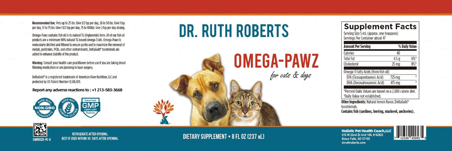 Omega Pawz Liquid Omega 3 Oil for dogs and cats in a bottle, pet supplement from Dr. Ruth Roberts for healthy skin and coat.