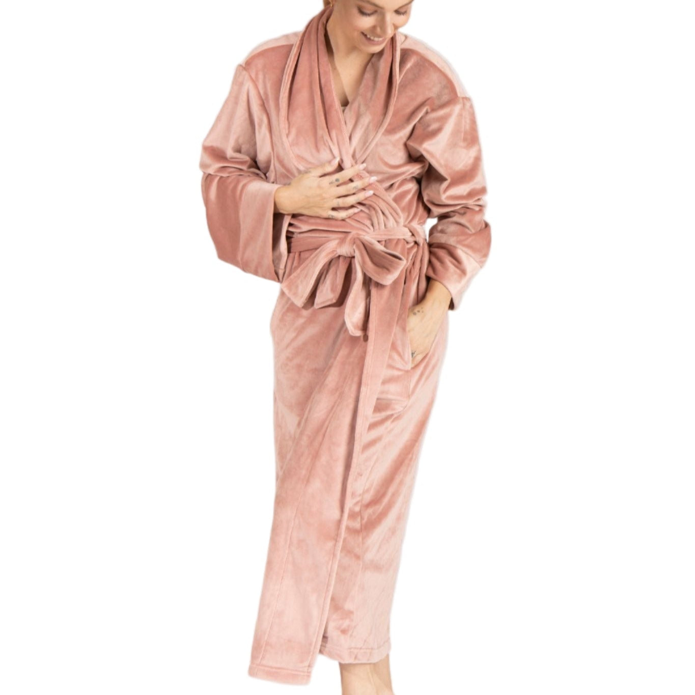 Mauve plush velour women's robe by Pure Fiber, featuring a soft, cozy design with long sleeves and a tie waist.