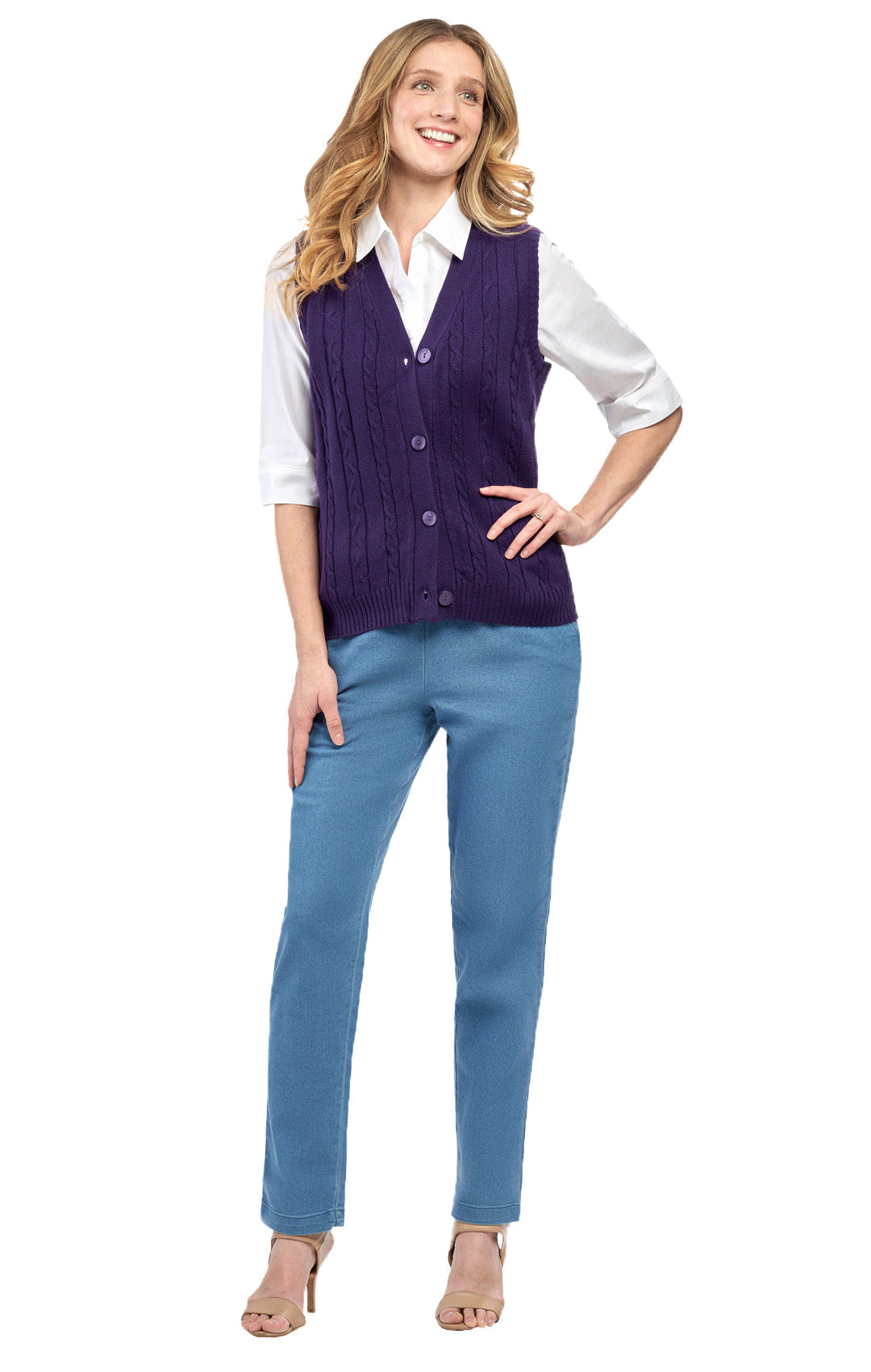 Women's button-front cable knit cardigan sweater vest by Turtle Bay Apparel, featuring a stylish and cozy design.