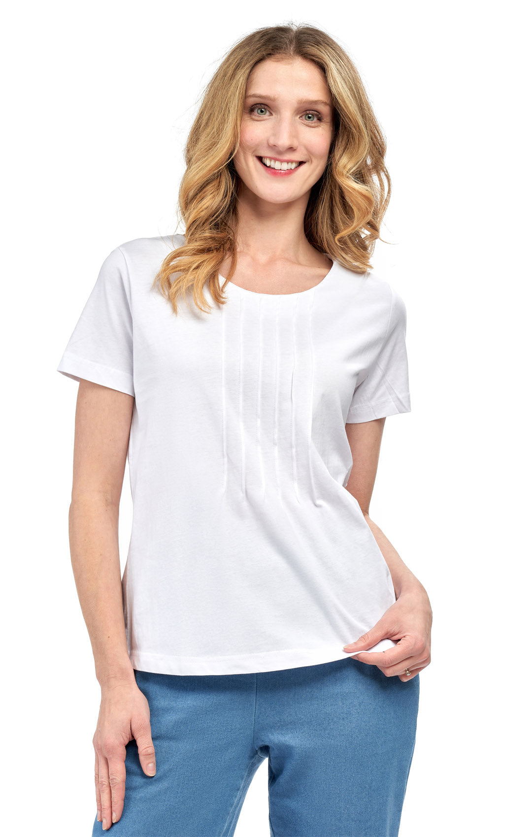 Women's short sleeve cotton knit T-shirt with pintuck details by Turtle Bay Apparel, casual and comfortable women's top.