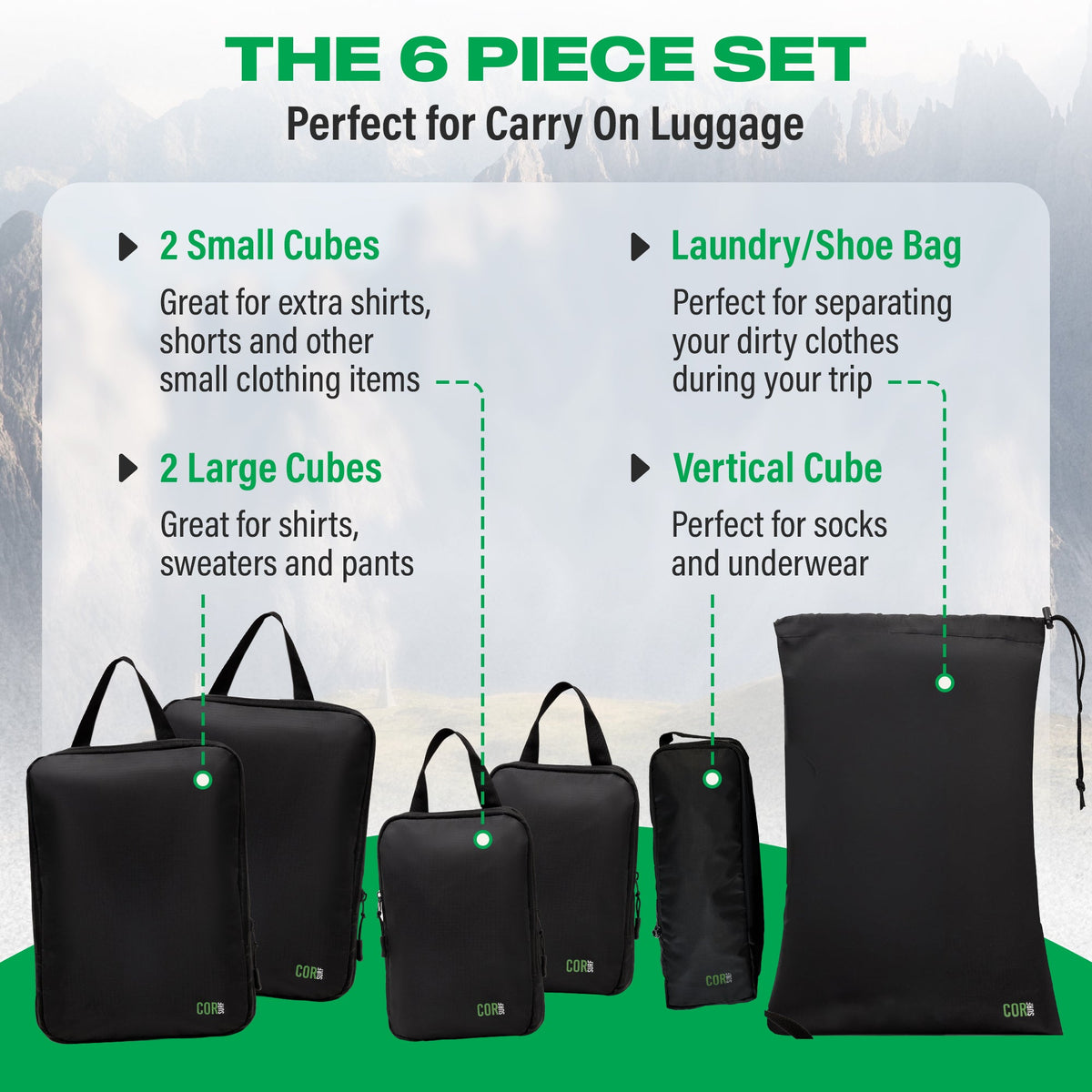 Six-piece COR Surf compression packing cube set for organizing clothing and accessories in luggage.