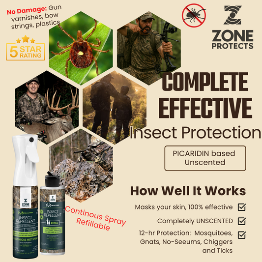 Zone Protects insect repellent mist in Realtree camouflage, 10oz bottle with refill for outdoor insect protection.
