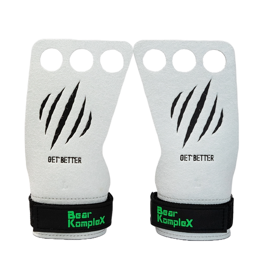 Bear KompleX 3 Hole Pinnacle Crossfit grips with textured finger holes and wrist strap for secure hand support during workouts.