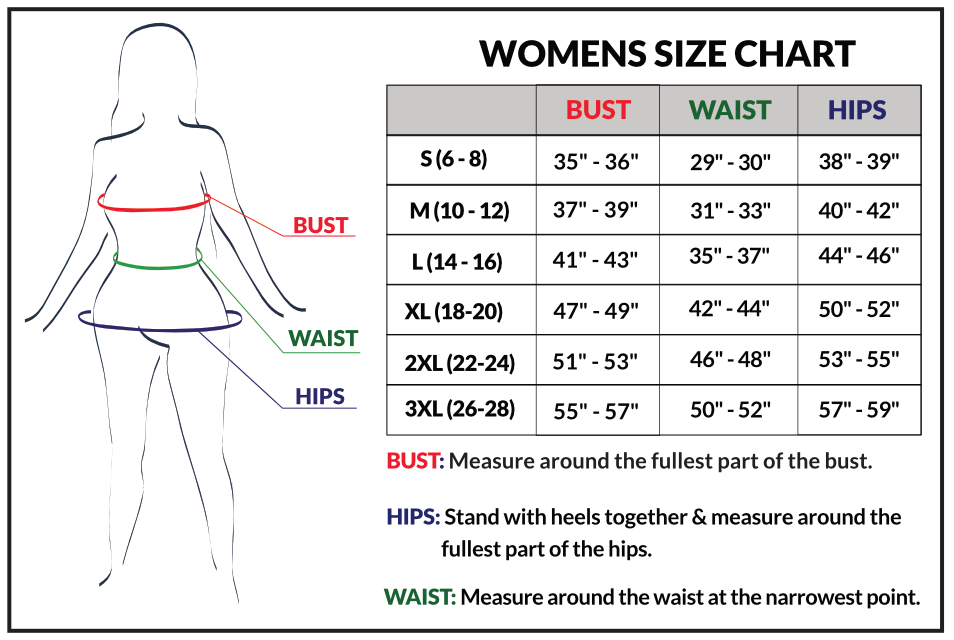 Size chart for TURTLE BAY APPAREL women's relaxed fit cotton blend sleeveless tank tops, showing measurement details and fit options.