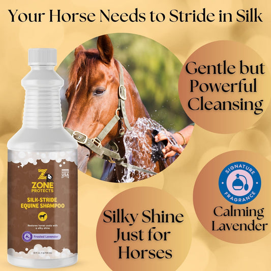 Zone Protects Silk-Stride Equine Shampoo in Frosted Lavender, 32oz bottle, designed for cleaning and conditioning horses.