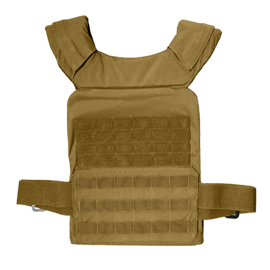 Tan Bear KompleX training vest plate carrier with adjustable straps and mesh back for weight training and fitness workouts.