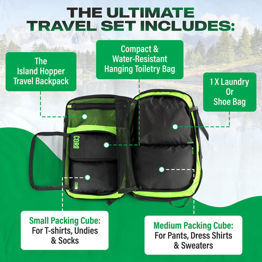 COR Surf Island Hopper travel bundle with backpacks, featuring multiple compartments and adjustable straps for easy travel.