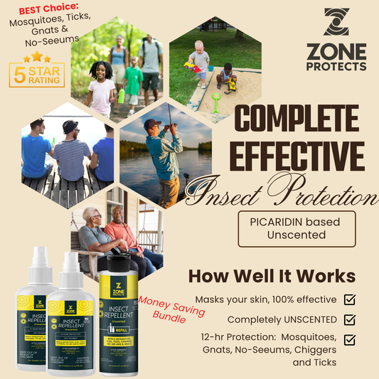 Zone Protects insect repellent bundle with two 4oz unscented bottles and refills, designed to repel insects effectively.