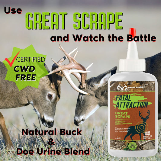 Realtree Fatal Attraction Deer Attractant by Zone Protects, designed for deer scrapes and wildlife attraction in natural forest settings.