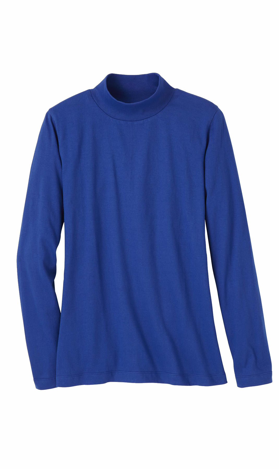 Women’s long sleeve cotton blend mock neck top by Turtle Bay Apparel, in royal blue, with a fitted, all-season casual style.