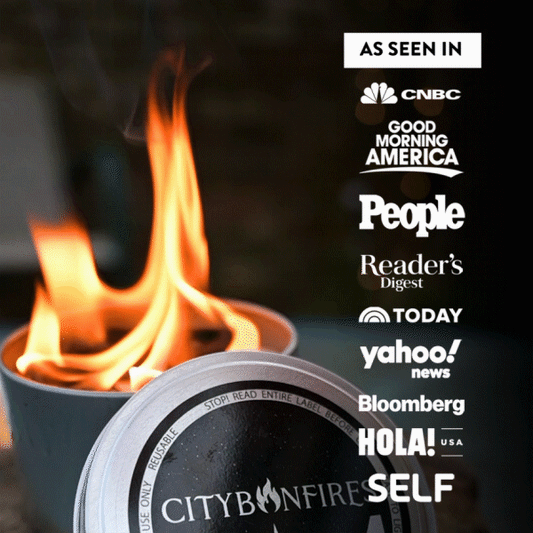 City Bonfire outdoor fire pit with glowing flames and modern design, perfect for cozy outdoor gatherings.