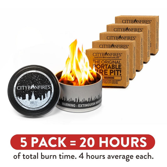 Set of five outdoor City Bonfire fire pits, compact and portable for outdoor gatherings and camping, designed for easy use.