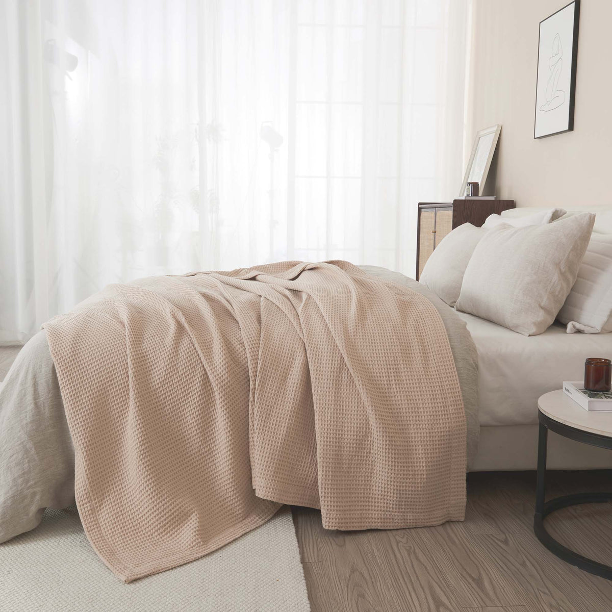 Cream-colored 100% cotton waffle weave blanket from the Mikala Collection by Great Bay Home, showing textured fabric and cozy design.