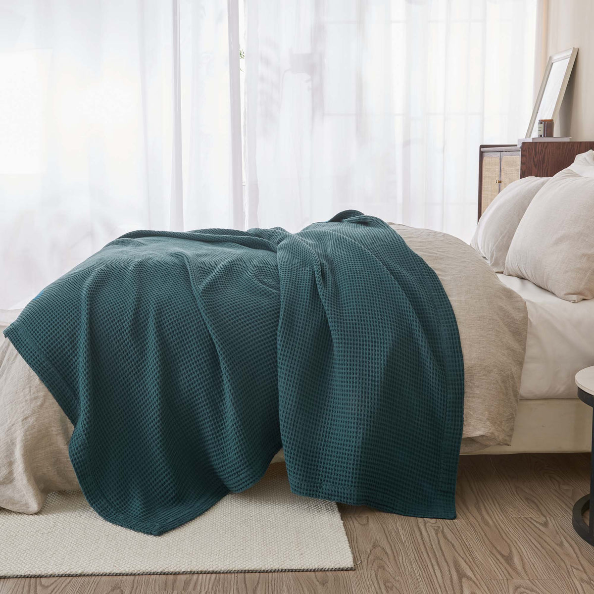 Cream 100% cotton waffle weave blanket from Great Bay Home's Mikala Collection, showing soft, textured fabric and cozy design.