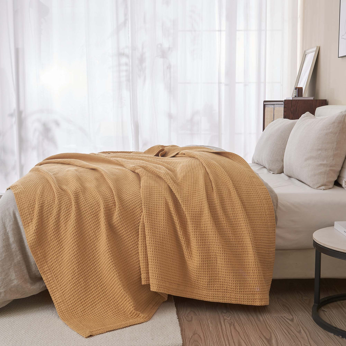 Cream-colored 100% cotton waffle weave blanket from the Great Bay Home Mikala Collection, showing soft, textured fabric.