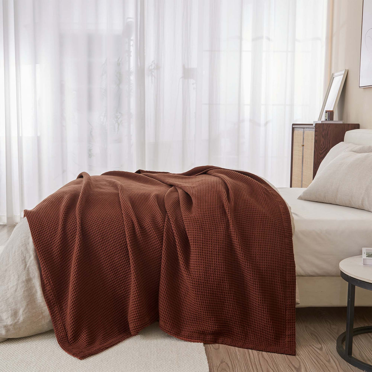 Soft 100% cotton waffle weave blanket from the Mikala Collection by Great Bay Home, showing its textured beige surface.