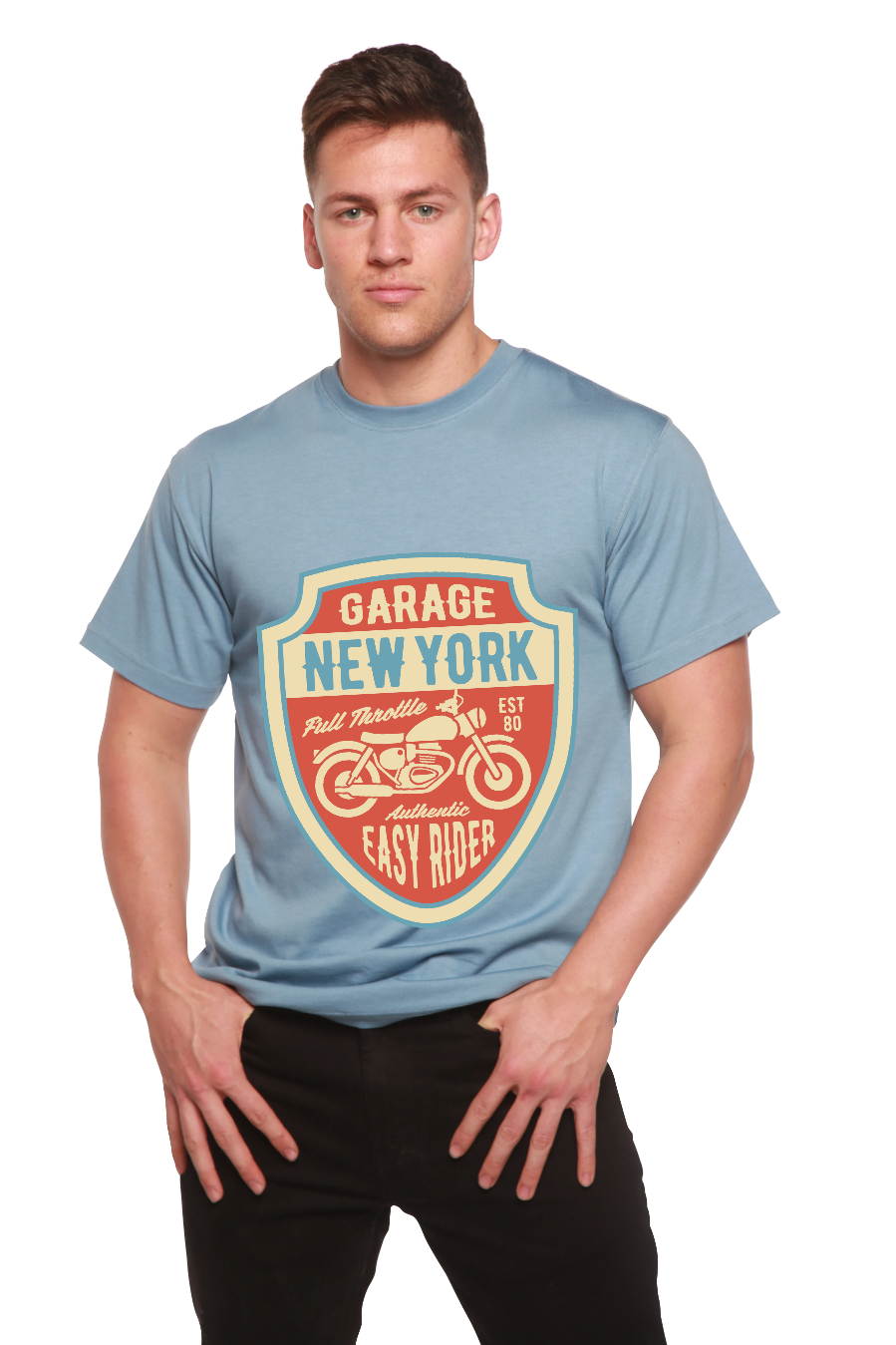 Men's graphic T-shirt by Spun Bamboo featuring bamboo viscose and organic cotton, short sleeves, in a casual printed design.