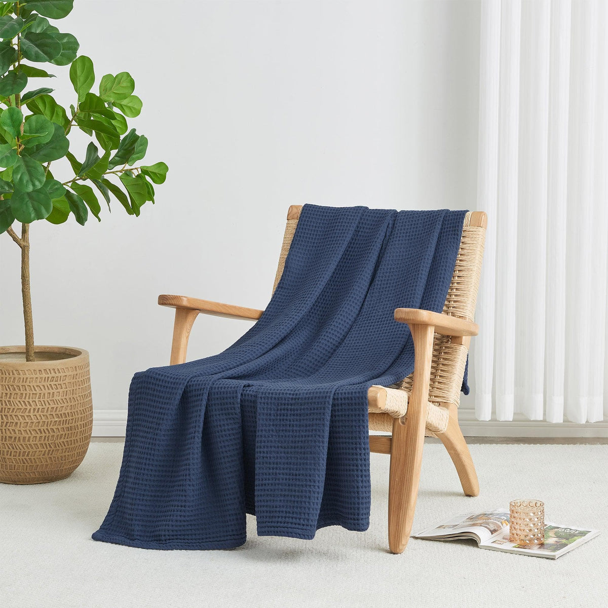 100% cotton waffle weave blanket from Great Bay Home Mikala Collection, showing soft textured beige blanket on bed.