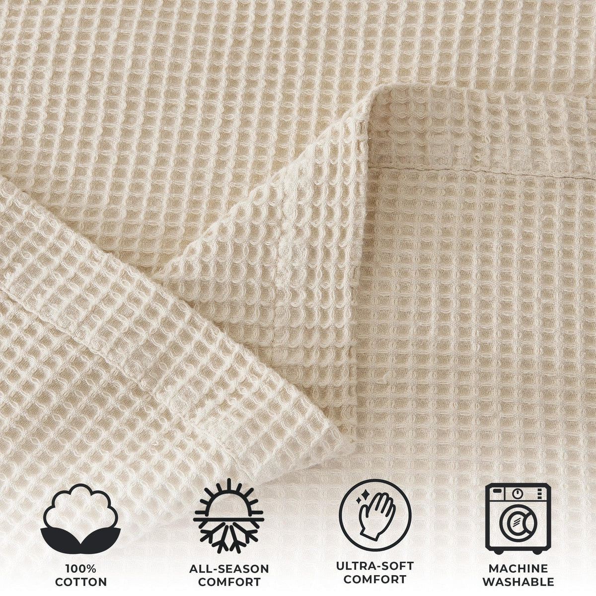 Soft 100% cotton waffle weave blanket from Great Bay Home Mikala Collection, showing textured beige fabric and cozy design.