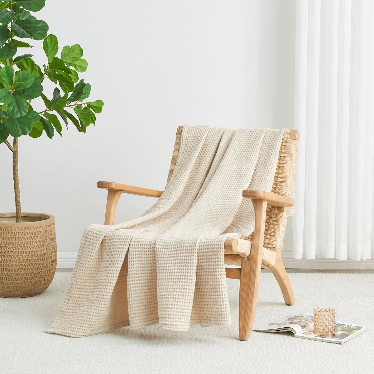 Cream-colored 100% cotton waffle weave blanket from Great Bay Home Mikala Collection, showcasing soft, textured fabric.