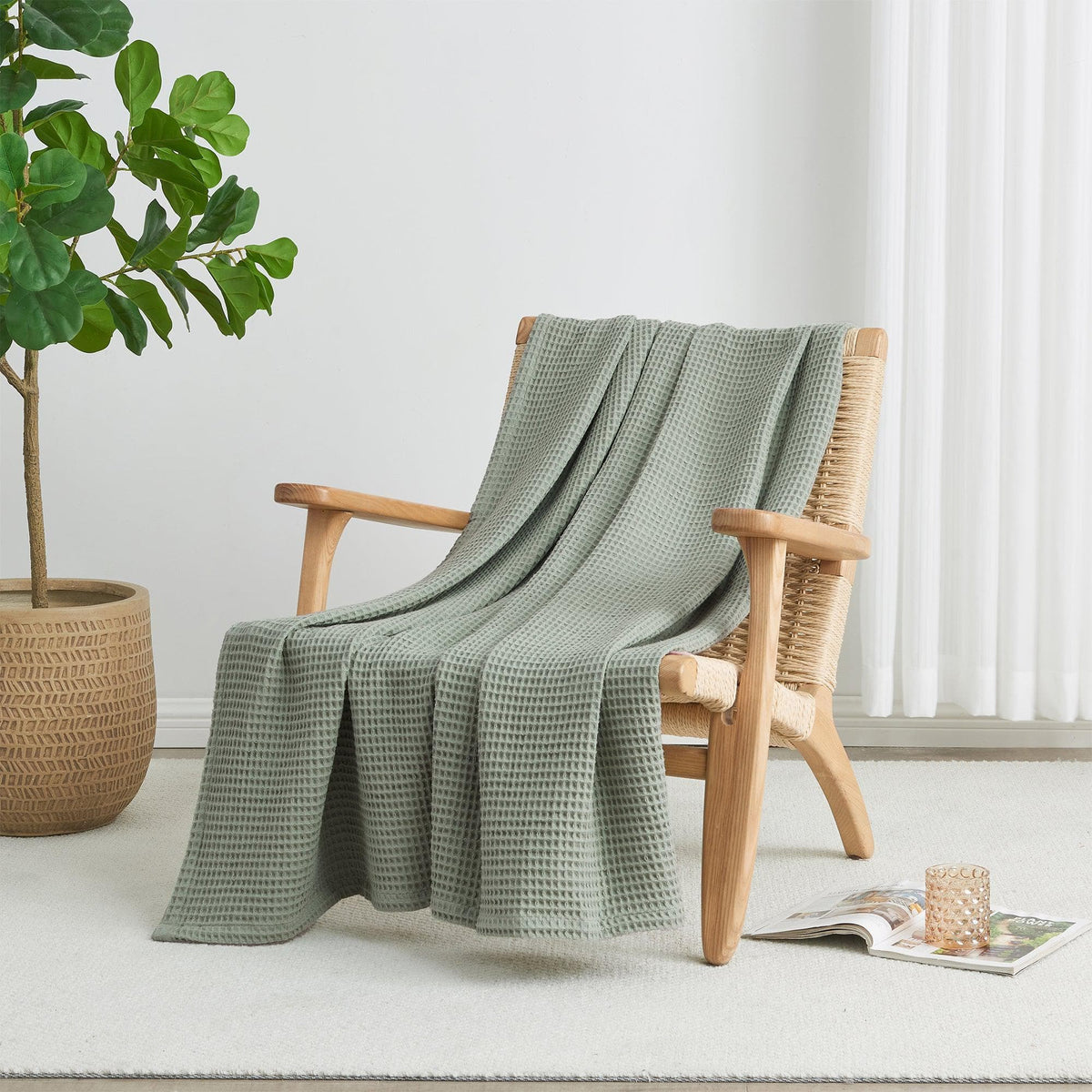 Cream-colored 100% cotton waffle weave blanket from Great Bay Home's Mikala Collection, showcasing soft, textured fabric.