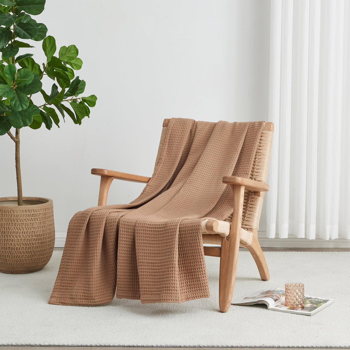 Cotton waffle weave blanket from Great Bay Home Mikala Collection, soft, textured throw in neutral tones for cozy bedding or lounging.